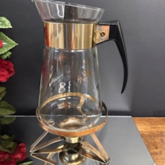 Corning Ware Atomic Starburst Coffee Carafe 36 oz with Brass Warmer‎ Vintage Mid - Picture 1 of 10